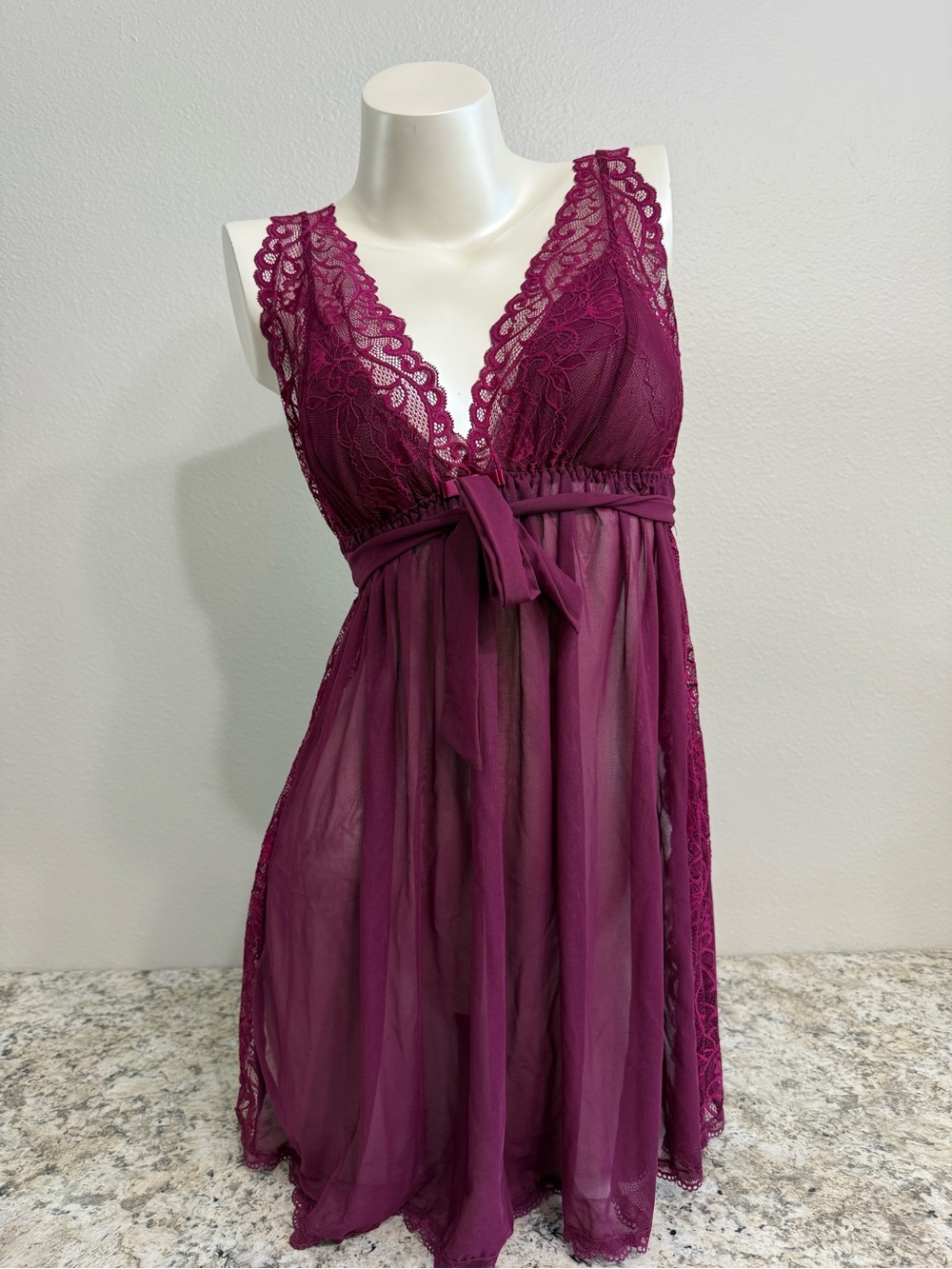 Lace-Trim Sheer Empire Babydoll Chemise in Plum